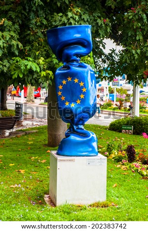 CANNES, FRANCE - JUNE 25, 2014: European Union symbol candy statue on the Promenade de la Croisette in Cannes. Cannes hosts the annual Cannes Film festival from 1949