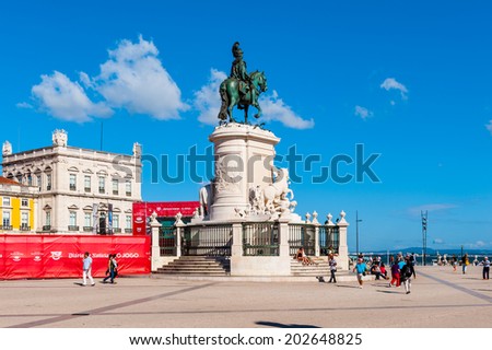 LISBON, PORTUGAL - JUN 20, 2014:  Statue of King Jose I on the Commerce Square (Praca do Comercio) in Lisbon, Portugal. The Square was destroyed by 1755 Lisbon Earthquake and then it was reconstructed