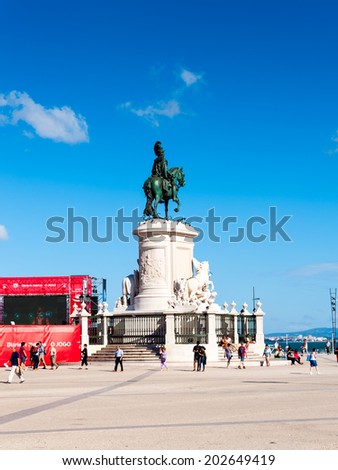 LISBON, PORTUGAL - JUN 20, 2014:  Statue of King Jose I on the Commerce Square (Praca do Comercio) in Lisbon, Portugal. The Square was destoryed by the 1755  Earthquake and then it was reconstructed