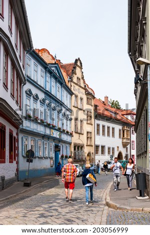 ERFURT, GERMANY  - JUN 16, 2014:Architecture of the touristic part of the city of Erfurt, Germany. Erfurt is the Capital of Thuringia and the city was first mentioned in 742