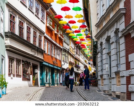 ERFURT, GERMANY - JUN 16, 2014: The Umbrella street of the city of Erfurt, Germany. Erfurt is the Capital of Thuringia and the city was first mentioned in 742