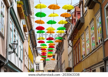 ERFURT, GERMANY  - JUN 16, 2014: The Umbrella street of the city of Erfurt, Germany. Erfurt is the Capital of Thuringia and the city was first mentioned in 742