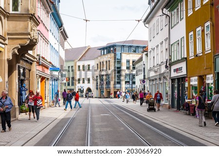 ERFURT, GERMANY  - JUN 16, 2014: Architecture of the downtown of the city of Erfurt, Germany. Erfurt is the Capital of Thuringia and the city was first mentioned in 742