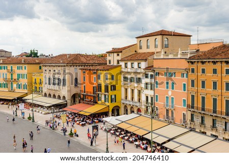 VERONA, ITALY - JUN 26, 2014: Piazza Bra, the largest square in Verona, Italy. City of Verona is a UNESCO World Heritage site