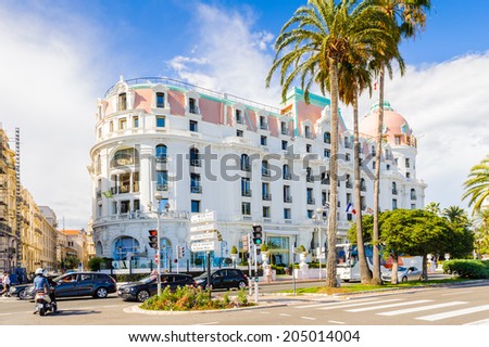 NICE, FRANCE - JUNE 25, 2014: Hotel Negresco, the most luxury and expensive hotel in Nice, Promenade des Anglais, France. Nice is the capital of the Alpes Maritimes departement