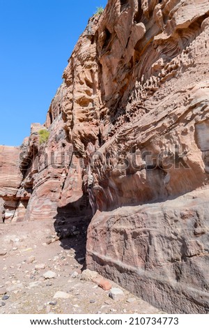 Beautiful landscape of caves, rocks and mountains of Petra, lost town and the capital of the kingdom of the Nabateans in ancient times. UNESCO World Heritage