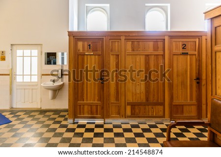 BUDAPEST, HUNGARY - AUG 18, 2014: Changing room in the Szechenyi Medicinal Bath, the largest medicinal bath in Europe, built in 1913