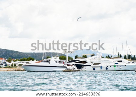 DALMATIA, CROATIA - AUG 24, 2014: Yachts of the Seget Yacht Club near the Coast of Croatia, on the Adriatic Sea. Catchment areaof the Adriatic Sea is 235,000 km2 (91,000 sq mi)
