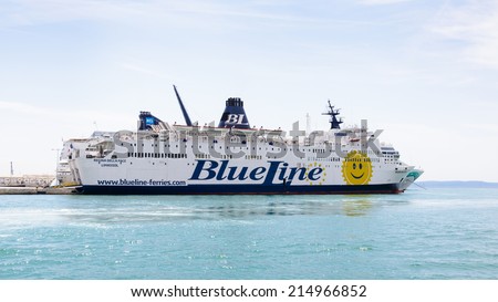 SPLIT, CROATIA - AUG 22, 2014: Cruiser of the Blue Line company in Split, Croatia. Blue Line International is a ferry company owned by the Croatia-based SEM Maritime Company (SMC)