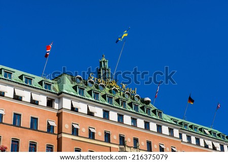 STOCKHOLM, SWEDEN - SEPTEMBER 7, 2014: Grand Hotel, a five-star hotel in Stockholm. Since 1901, the Nobel Prize laureates and their families have traditionally been guests at the hotel