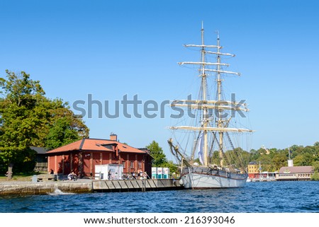STOCKHOLM, SWEDEN - SEPTEMBER 7, 2014: Boats near the Djurgarden Island, island in central Stockholm, which is home to historical buildings and monuments, museums.