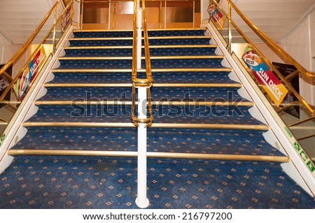 TALLINN, ESTONIA - SEP 7, 2014: Stairs at the Cruiseferry of the Estonian company Tallink. It is one of the largest passenger and cargo shipping companies in the Baltic Sea region