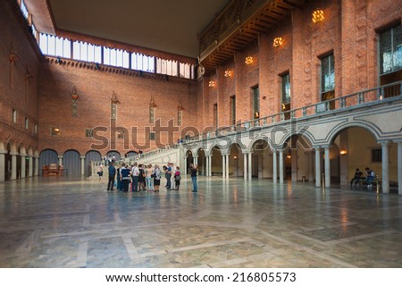STOCKHOLM, SWEDEN - SEP 7, 2014: Stockholm City Hall, Sweden. It is the venue of the Nobel Prize banquet and one of Stockholm's major tourist attractions.