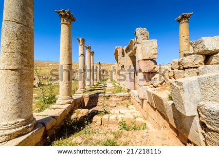 Roman Columns of the Ancient Roman city of Gerasa of Antiquity , modern Jerash, Jordan