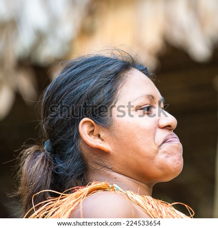 AMAZONIA, PERU - NOV 10, 2010: Unidentified Amazonian indigenous smiling beautiful girl.Indigenous people of Amazonia are protected by Coordinator of Indigenous Organizations of the Amazon River Basin