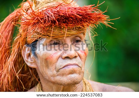 AMAZONIA PERU NOV 10 2010 Unidentified Amazonian indigenous man portrait Indigenous people of Amazonia are protected by COICA Coordinator of Indigenous Organizations of the Amazon River Basin AMAZONIA PERU NOV 10 2010 Unidentified Amazonian indigenous man portrait Indigenous people of Amazonia are protected by COICA Coordinator of Indigenous Organizations of the Amazon River Basin