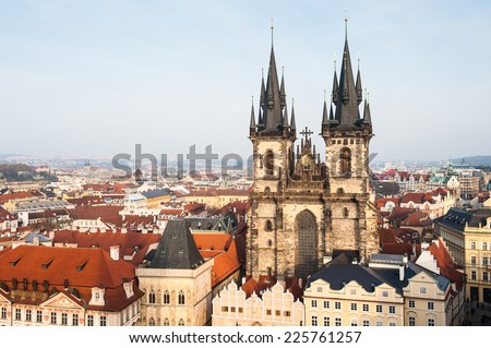 Towers of the Church of Mother of God in front of Tyn,  Staromestske namesti, Old town square, Prague, Czech Republic