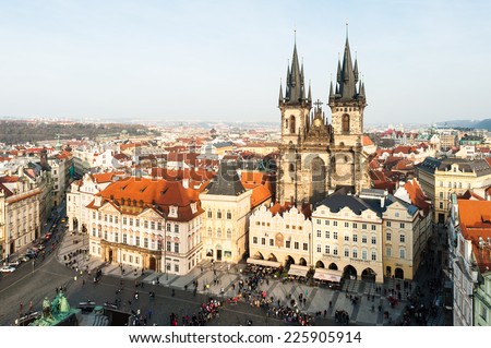 PRAGUE, CZECH REPUBLIC - NOV16, 2014: Towers of the Church of Mother of God in front of Tyn,  Staromestske namesti, Old town square, Prague, Czech Republic.