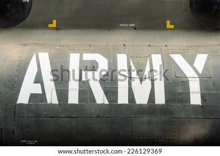 HO CHI MINH, VIETNAM - OCT 4, 2014:  Inscription US Army on a plane of US Air Force at Vietnamese War Remnants Museum. It contains exhibits relating to the American phase of the Vietnam War
