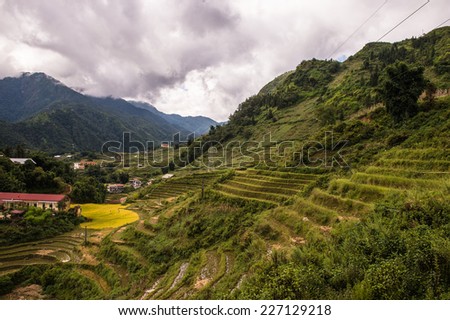 Mountains with green plants and rice terraces in Vietnam with cloudy sky, end of the rain season