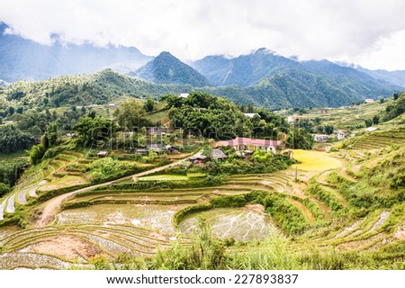 Mountains with green plants and rice terraces in Vietnam with cloudy sky, end of the rain season
