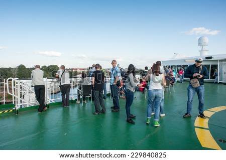 TALLINN, ESTONIA - SEP 7, 2014: Upper deck at the Cruiseferry of the Estonian company Tallink. It is one of the largest passenger and cargo shipping companies in the Baltic Sea region