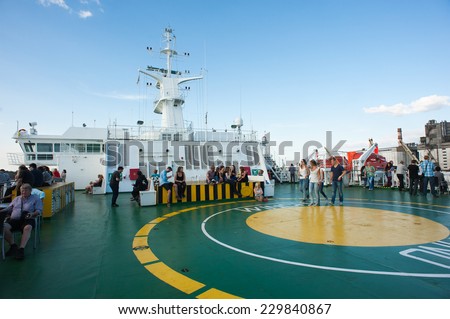 TALLINN, ESTONIA - SEP 7, 2014: Upper deck at the Cruiseferry of the Estonian company Tallink. It is one of the largest passenger and cargo shipping companies in the Baltic Sea region
