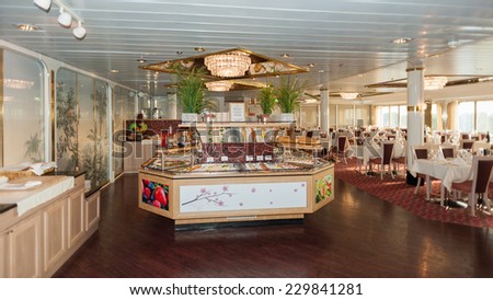 TALLINN, ESTONIA - SEP 7, 2014: Restaurant at the Cruiseferry of the Estonian company Tallink. It is one of the largest passenger and cargo shipping companies in the Baltic Sea region