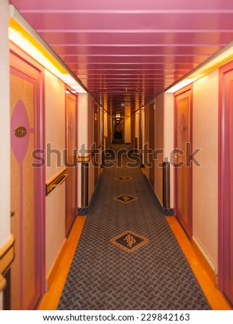 TALLINN, ESTONIA - SEP 7, 2014: Cabin Passage at the Cruiseferry of the Estonian company Tallink. It is one of the largest passenger and cargo shipping companies in the Baltic Sea region