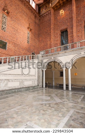 STOCKHOLM, SWEDEN - SEP 7, 2014: Stockholm City Hall, Sweden. It is the venue of the Nobel Prize banquet and one of Stockholm\'s major tourist attractions.