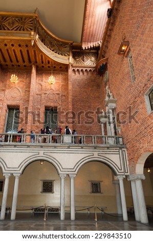 STOCKHOLM, SWEDEN - SEP 7, 2014: Stockholm City Hall, Sweden. It is the venue of the Nobel Prize banquet and one of Stockholm\'s major tourist attractions.