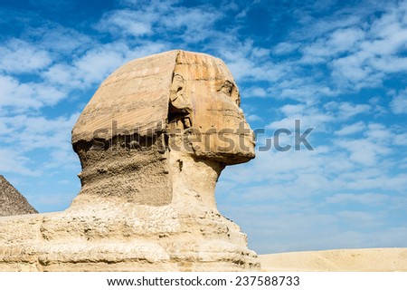 Great Sphinx of Giza, a limestone statue of a mythical creature with a lion\'s body and a human head), Giza Plateau, West Bank of the Nile, Giza, Egypt
