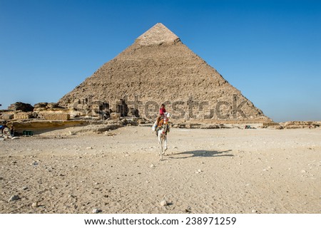 GIZA, EGYPT - NOV 23, 2014: Unidentified Egyptian man rides a horse at Giza Necropolis, Egypt. UNESCO World Heritage