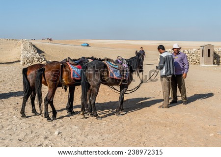 GIZA, EGYPT - NOV 23, 2014: Unidentified Egyptian people ride horse carriage at Giza Necropolis, Egypt. UNESCO World Heritage