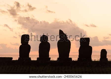 Moai in the Rapa Nui National Park during the sunset, Easter Island, Chile, South America
