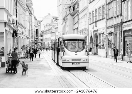 ERFURT, GERMANY  - JUN 16, 2014: Tram way of the downtown of the city of Erfurt, Germany. Erfurt is the Capital of Thuringia and the city was first mentioned in 742