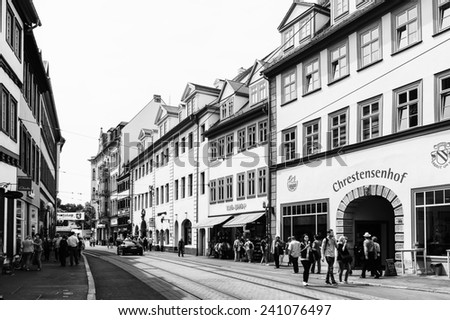ERFURT, GERMANY  - JUN 16, 2014: One of the central streets of the city of Erfurt, Germany. Erfurt is the Capital of Thuringia and the city was first mentioned in 742