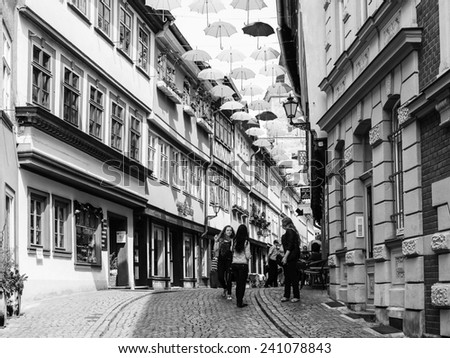 ERFURT, GERMANY - JUN 16, 2014: The Umbrella street of the city of Erfurt, Germany. Erfurt is the Capital of Thuringia and the city was first mentioned in 742