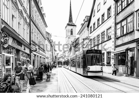 ERFURT, GERMANY  - JUN 16, 2014: Tram way of the downtown of the city of Erfurt, Germany. Erfurt is the Capital of Thuringia and the city was first mentioned in 742