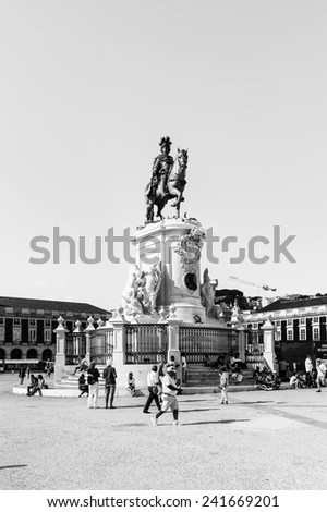 LISBON, PORTUGAL - JUN 20, 2014:  Statue of King Jose I on the Commerce Square (Praca do Comercio) in Lisbon, Portugal. The Square was destoryed by the 1755 Lisbon Earthquake