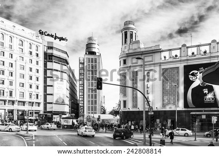 MADRID, SPAIN - MAR 23, 2014: Callao square on the Gran Via street (Great Way), Madrid, Spain. Gran via is known as the the street that never sleeps or as Spanish Brodway