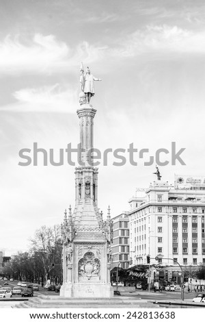 MADRID, SPAIN - MAR 23, 2014: Monumento to Christopher Columbus on the Colon Square (plaza de Colon) in Madrid, Spain. Columbus was the Italian explorer, navigator and colonizer