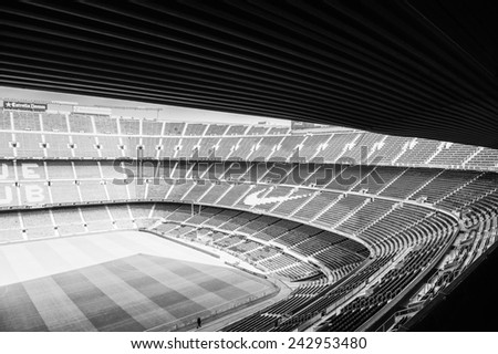 BARCELONA, SPAIN - MAR 15, 2014: Panoramic view of the Nou Camp Stadium in Barcelona. Camp Nou is the home arena for FC Barcelona and seats 99786 people.