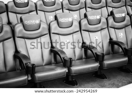BARCELONA, SPAIN - MAR 15, 2014: Reserve players and coach seats on the Nou Camp Stadium in Barcelona. Camp Nou is the home arena for FC Barcelona and seats 99786 people.