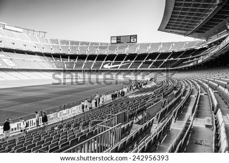 BARCELONA, SPAIN - MAR 15, 2014: Panoramic view of the Nou Camp Stadium in Barcelona. Camp Nou is the home arena for FC Barcelona and seats 99786 people.