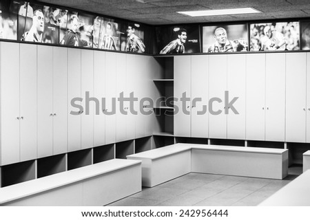BARCELONA, SPAIN - MAR 15, 2014: Changing room on the Nou Camp stadium. Camp Nou is the home arena for FC Barcelona and seats 99786 people.