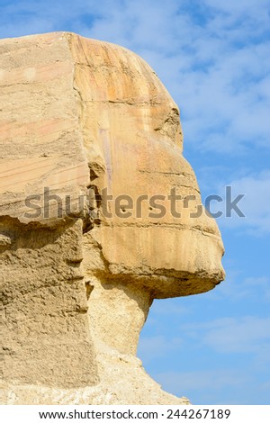Great Sphinx of Giza, a limestone statue of a mythical creature with a lion's body and a human head), Giza Plateau, West Bank of the Nile, Giza, Egypt