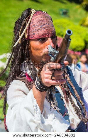 VINA DEL MAR, CHILE - NOV 9, 2014: Unidentified Chilean man dressed as Jack Sparrow. Jack Sparrow is a famous character portrayed by Johnny Depp