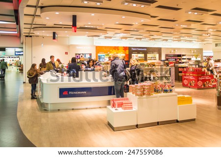VIENNA, AUSTRIA - DEC 30, 2014: Duty Free secction of the Vienna International Airport, which serves as the hub for Austrian Airlines