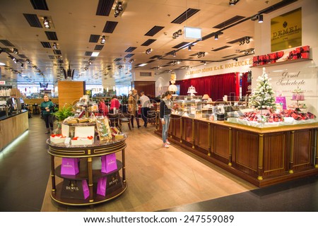 VIENNA, AUSTRIA - DEC 30, 2014: Duty Free secction of the Vienna International Airport, which serves as the hub for Austrian Airlines
